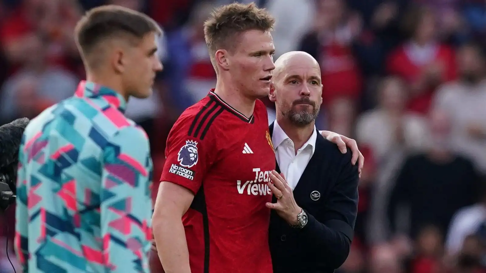 Manchester United manager Erik ten Hag with Scott McTominay after a dramatic win over Brentford.