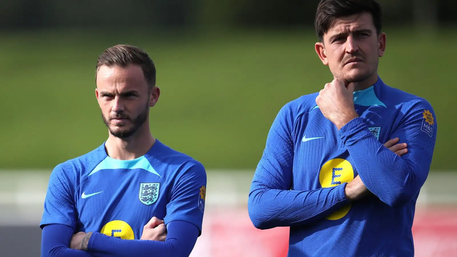 James Maddison and also Harry Maguire throughout an England coaching session.
