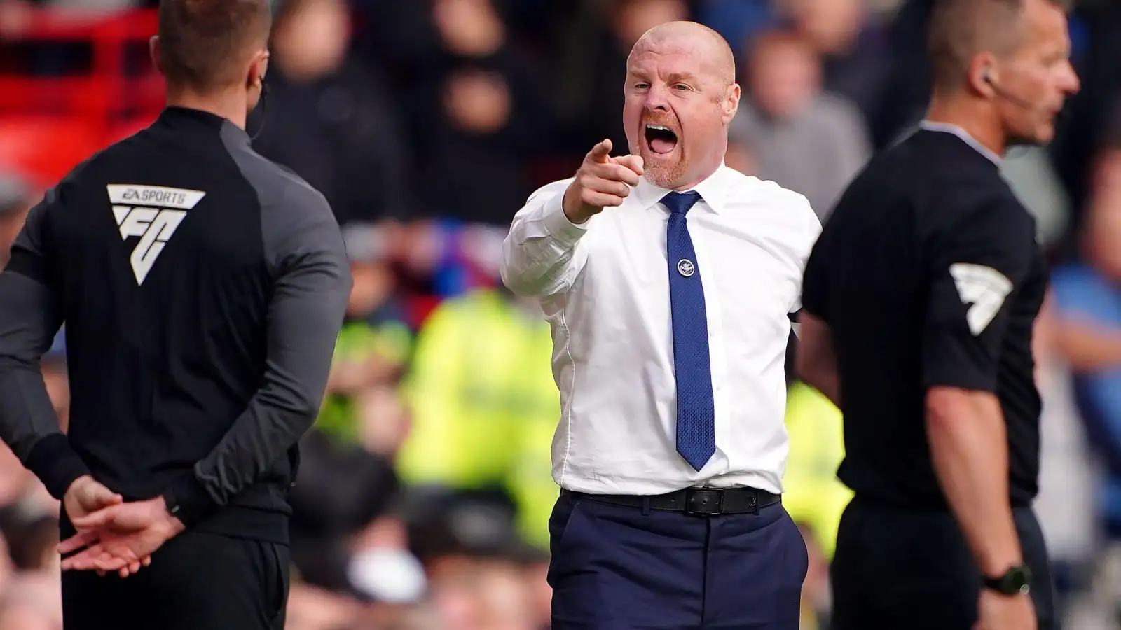 Sean Dyche argues with officials during Everton's defeat to Liverpool.