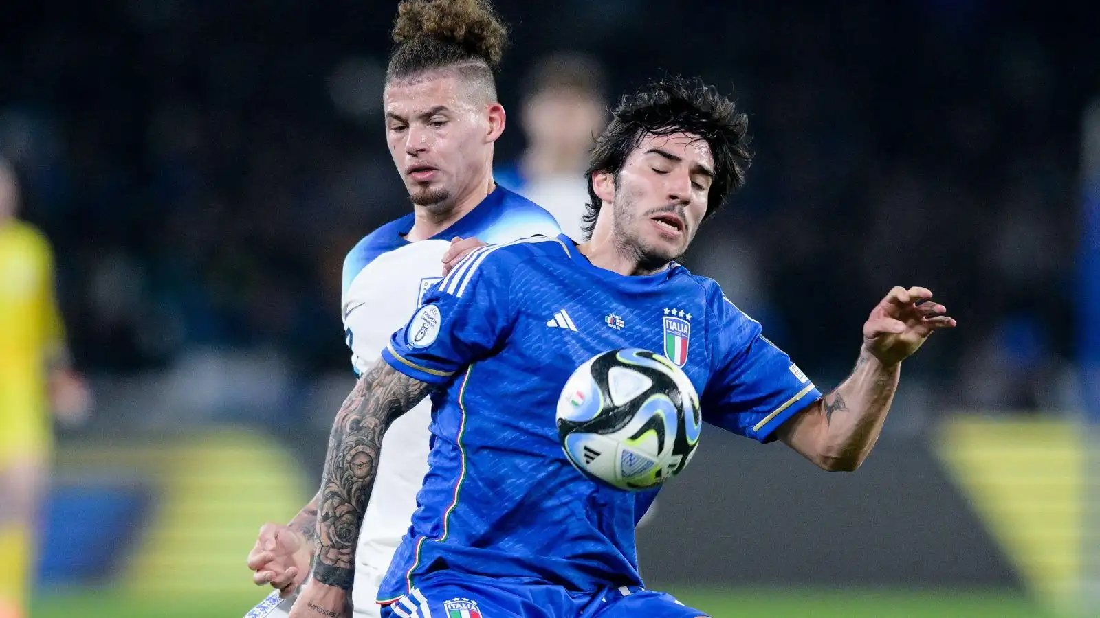 Kalvin Phillips and Sandro Tonali during a Euro 2024 qualifier between Italy and England.