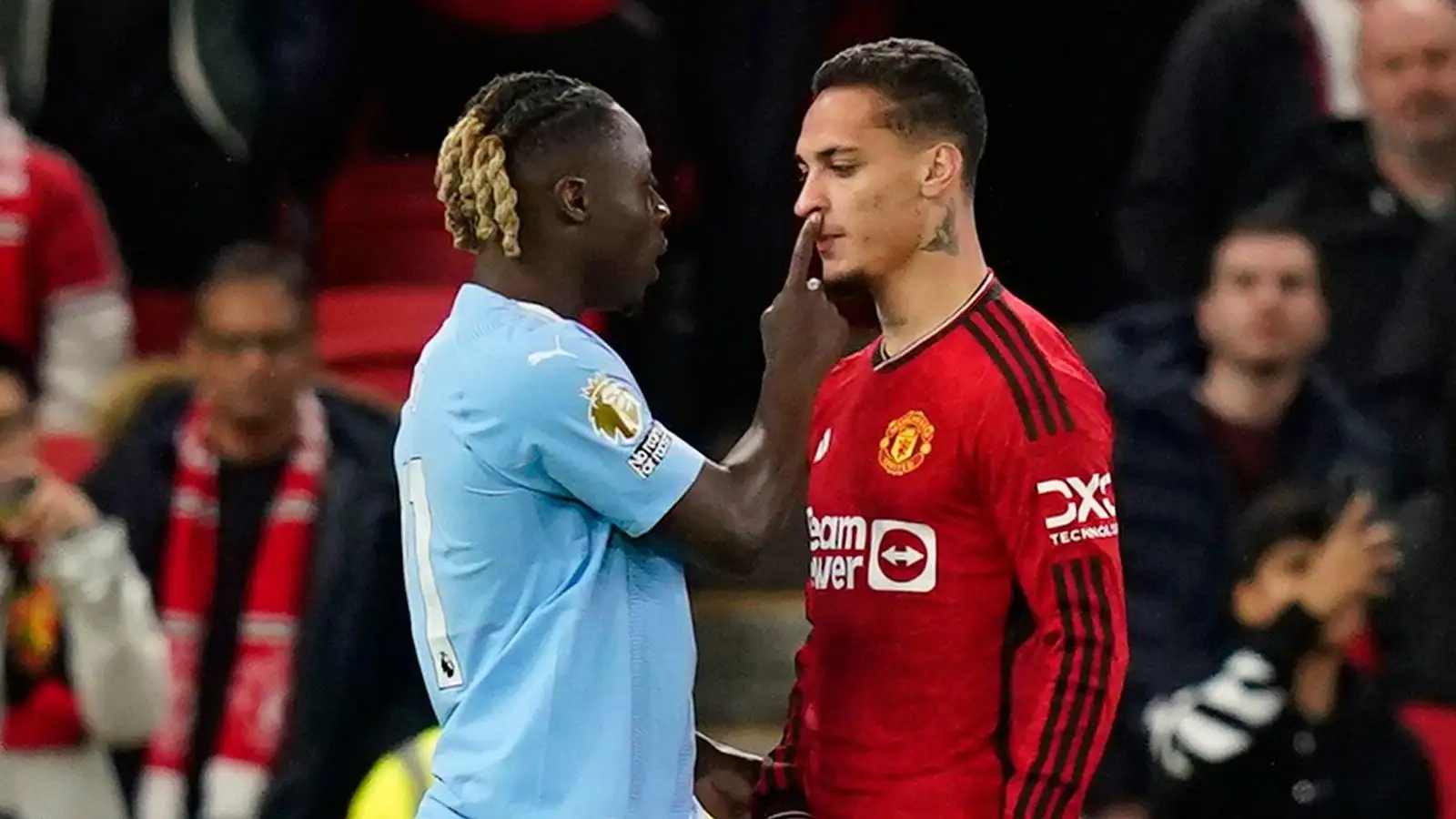 Manchester City winger Jeremy Doku and Manchester United forward Antony clash