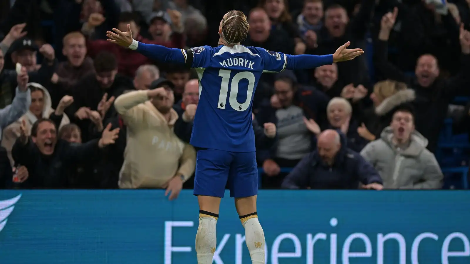 Chelsea winger Mykhaylo Mudryk celebrates his goal against Arsenal.