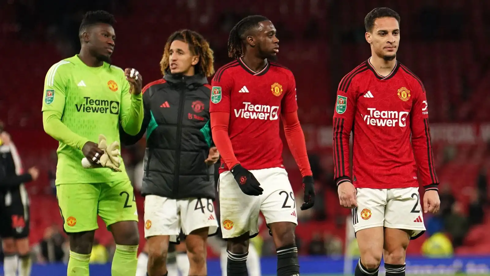 Manchester United flops Antony, Aaron Wan-Bissaka, Andre Onana and Hannibal Mejbri gaze dejected after a loss.