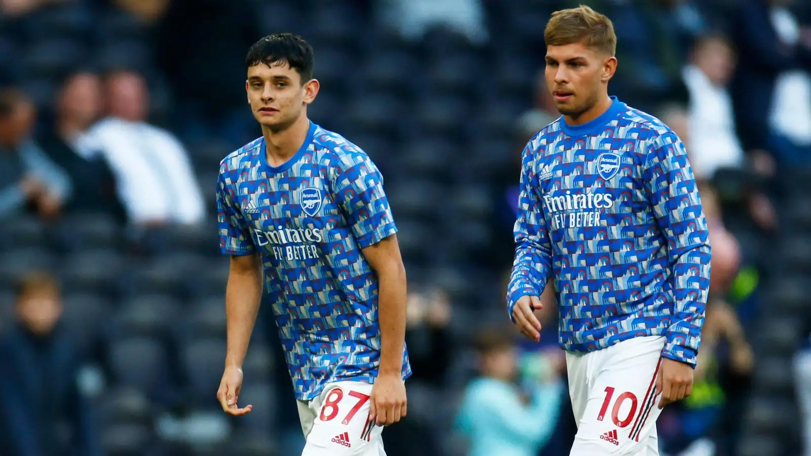 Arsenal duo Charlie Patino and Emile Smith Rowe throughout a pre-match tough-upward.