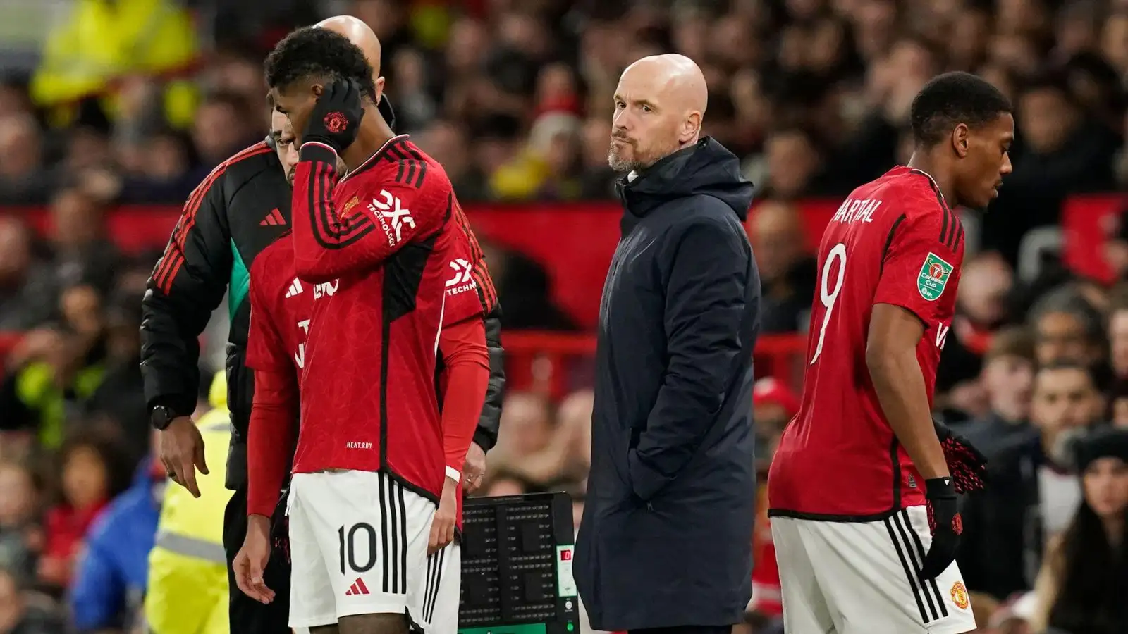 Erik ten Hag with Marcus Rashford and also Anthony Martial