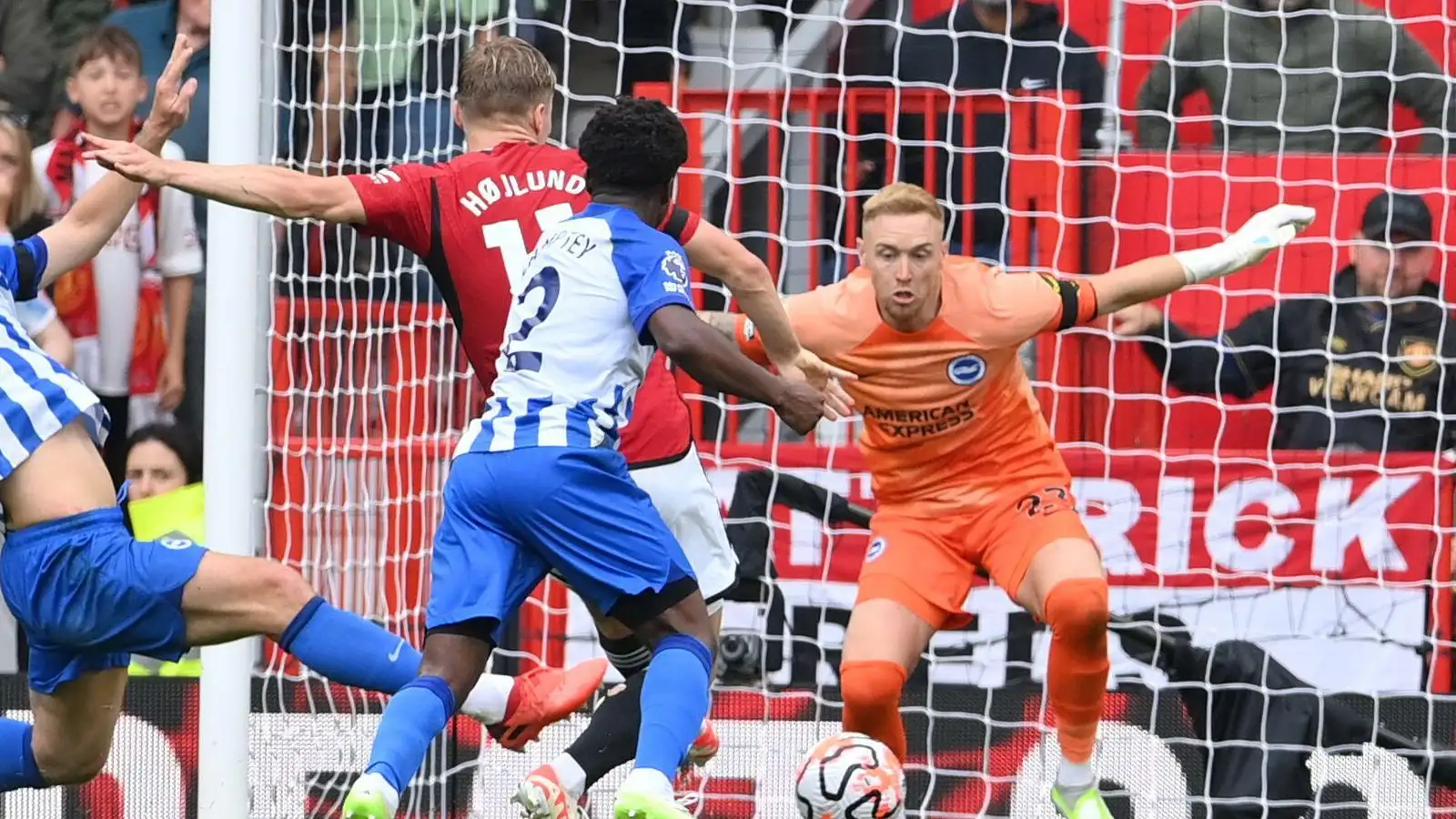 Manchester United forward Rasmus Hojlund shoots against Brighton goalkeeper Jason Steele