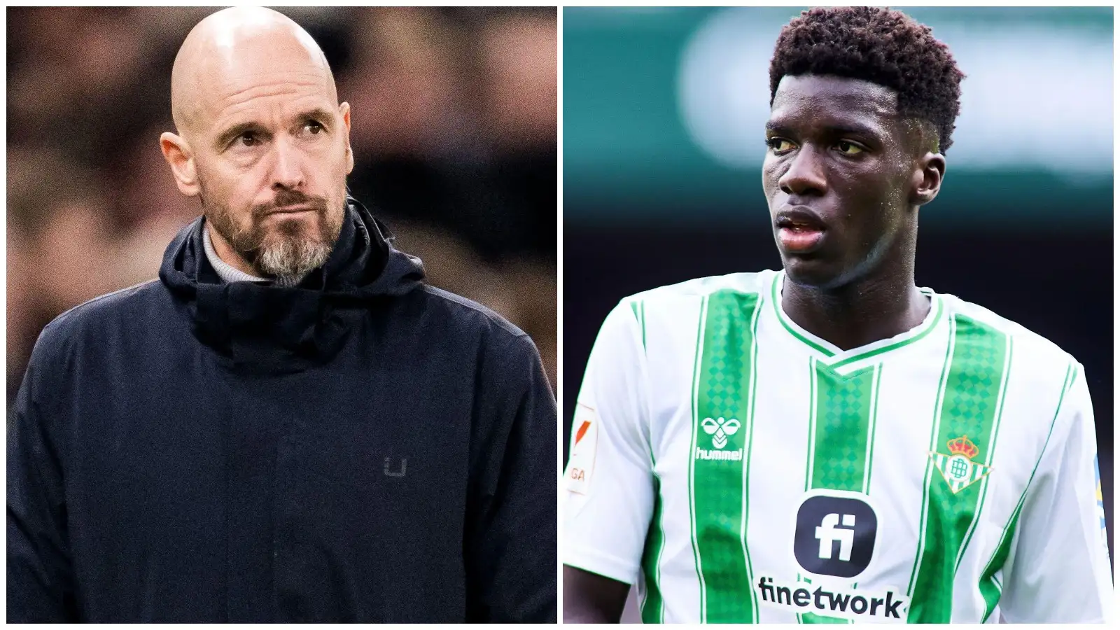 Manchester United manager Erik ten Hag and Real Betis forward Assane Diao.