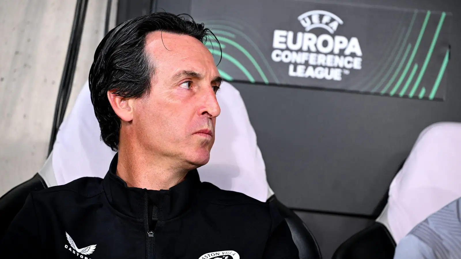 Aston Suite head train Unai Emery sat on the seat before a Europa Conference League match.