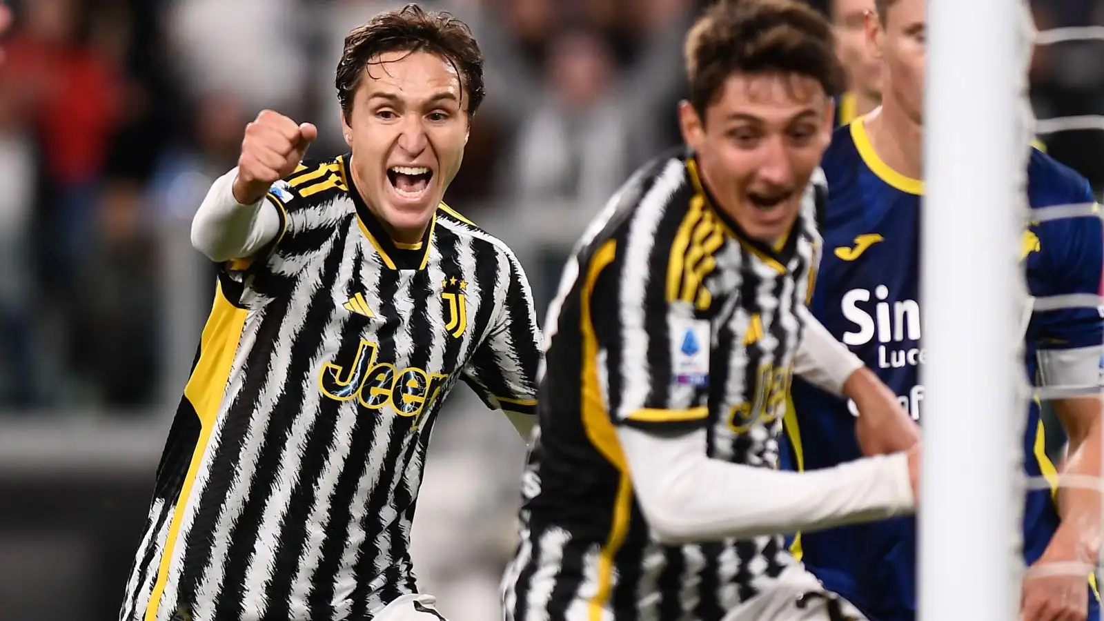 Juventus winger Federico Chiesa celebrates Andrea Cambiaso's goal.