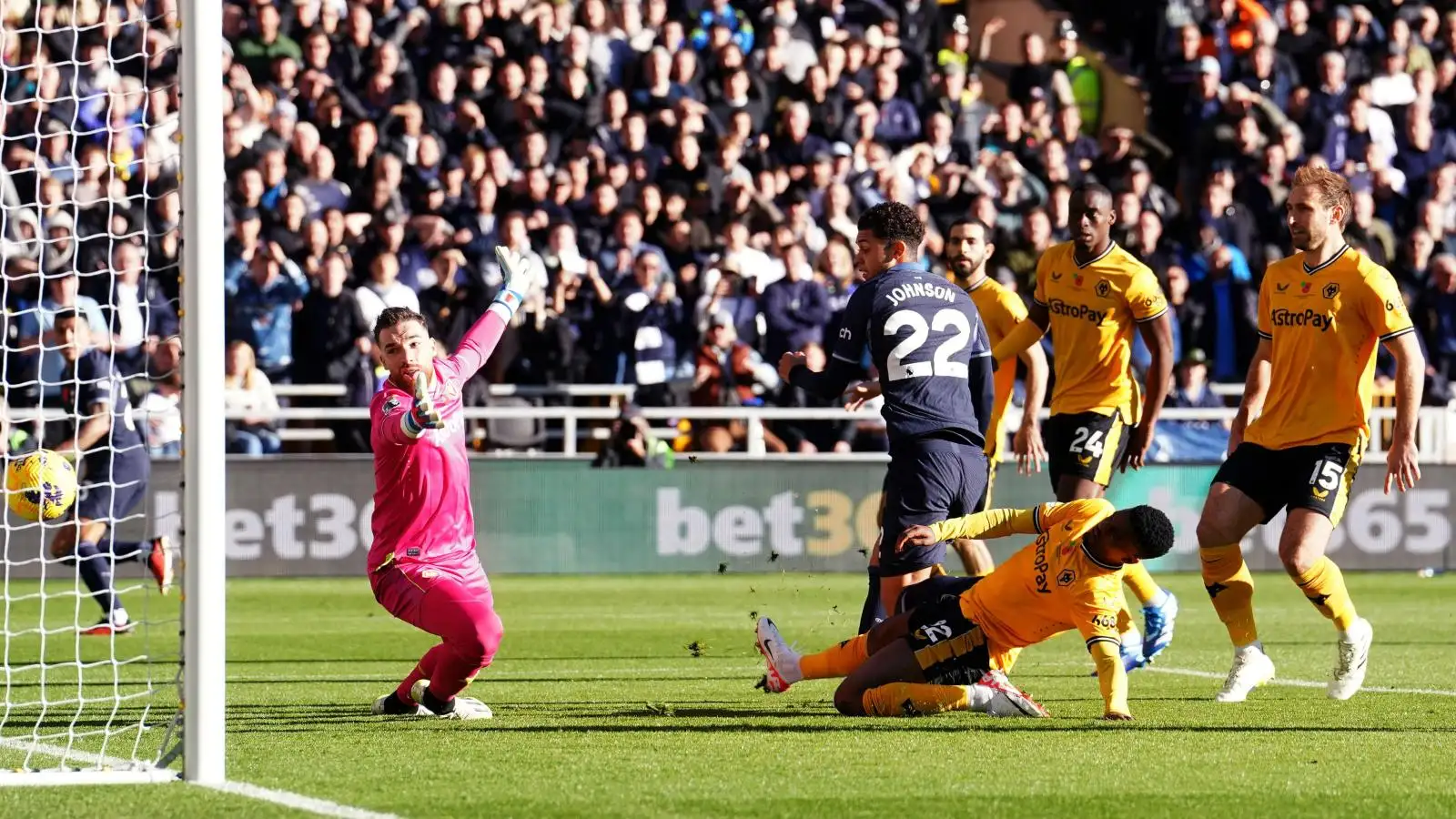 Brennan Johnson scores for Tottenham against Wolves.