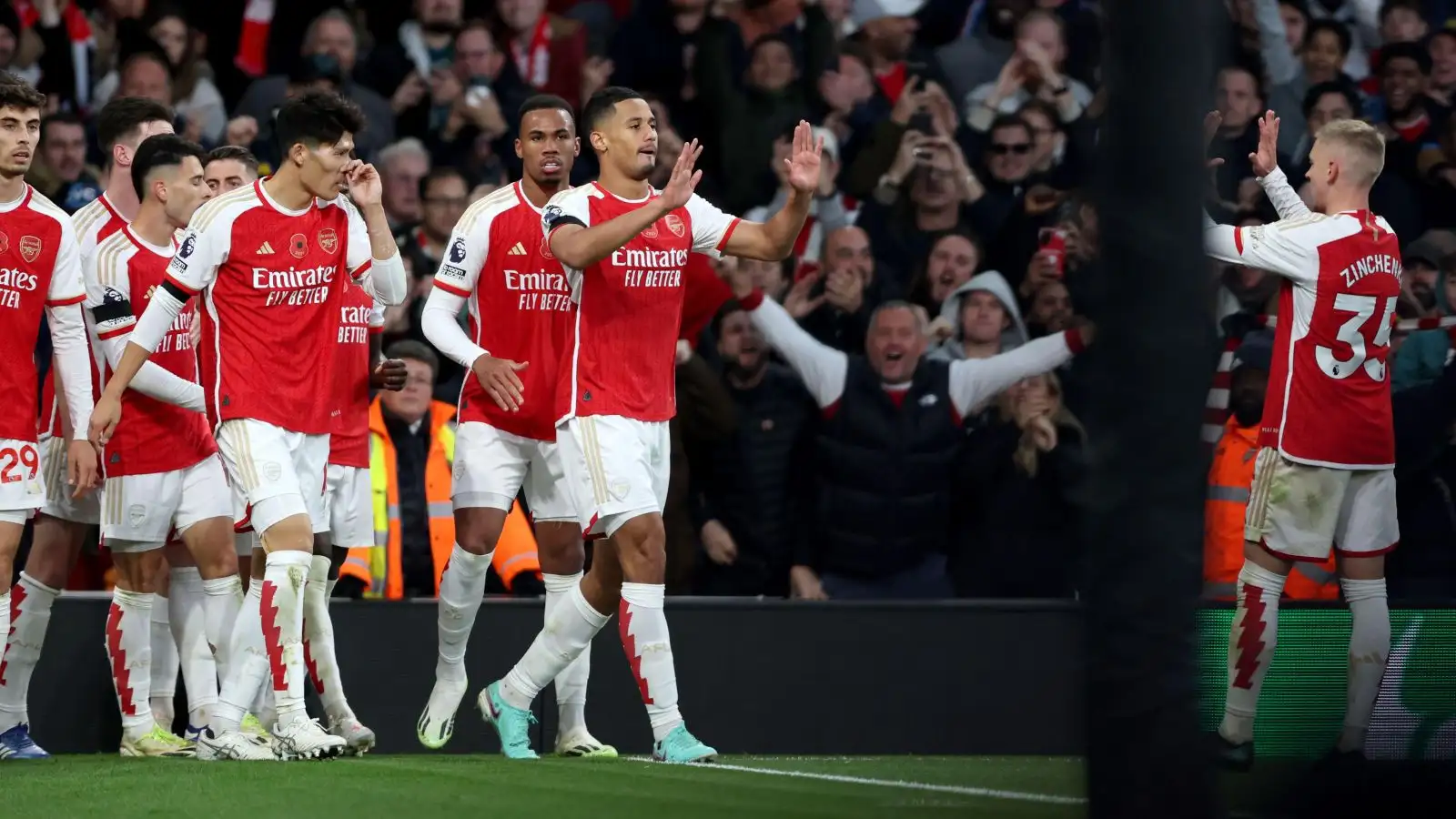 Arsenal defender William Saliba celebrates his goal.