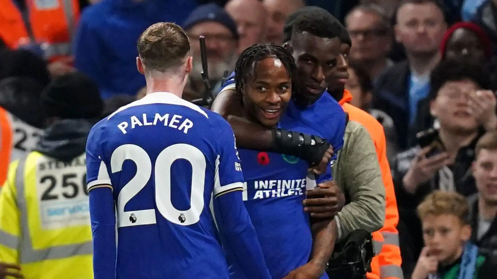 Cole Palmer, Raheem Sterling and Nicolas Jackson celebrate for Chelsea