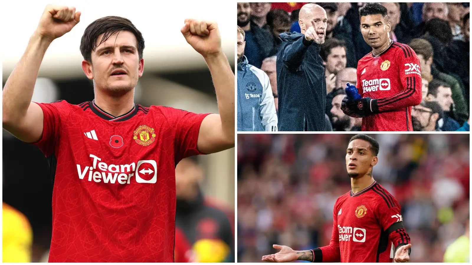 Manchester United stars Harry Maguire, Casemiro and Antony.