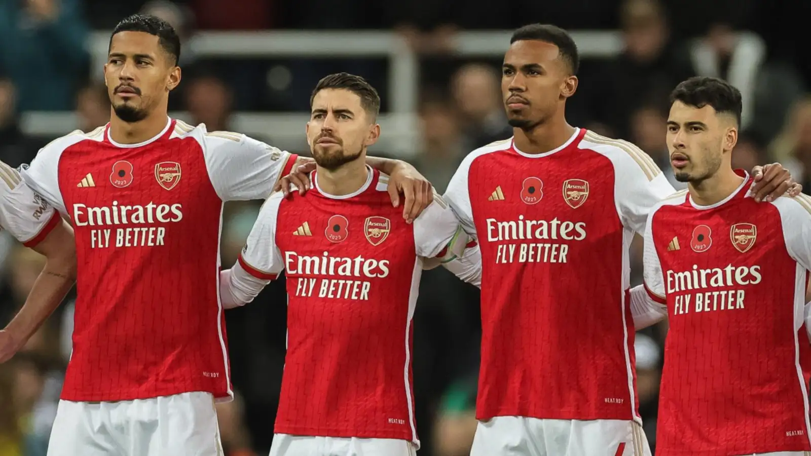 Arsenal players Jorginho, William Saliba, Gabriel and Gabriel Martinelli during a minute's uncommunicativeness.