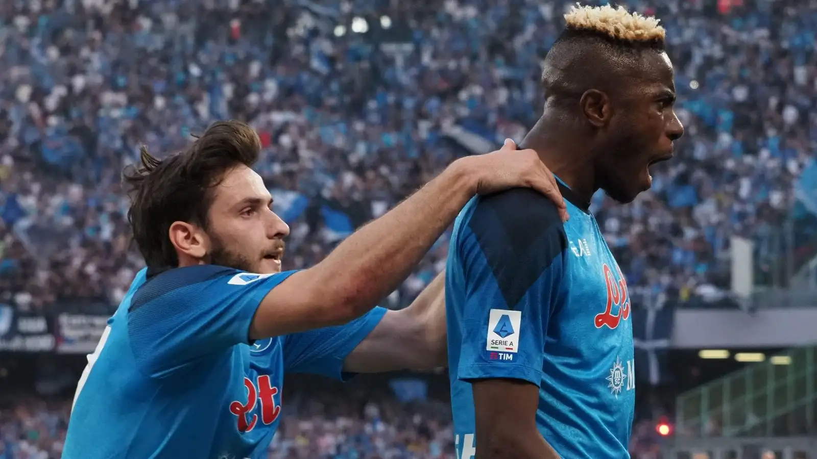 Napoli duo Victor Osimhen and Khvicha Kvaratskhelia celebrate a goal.