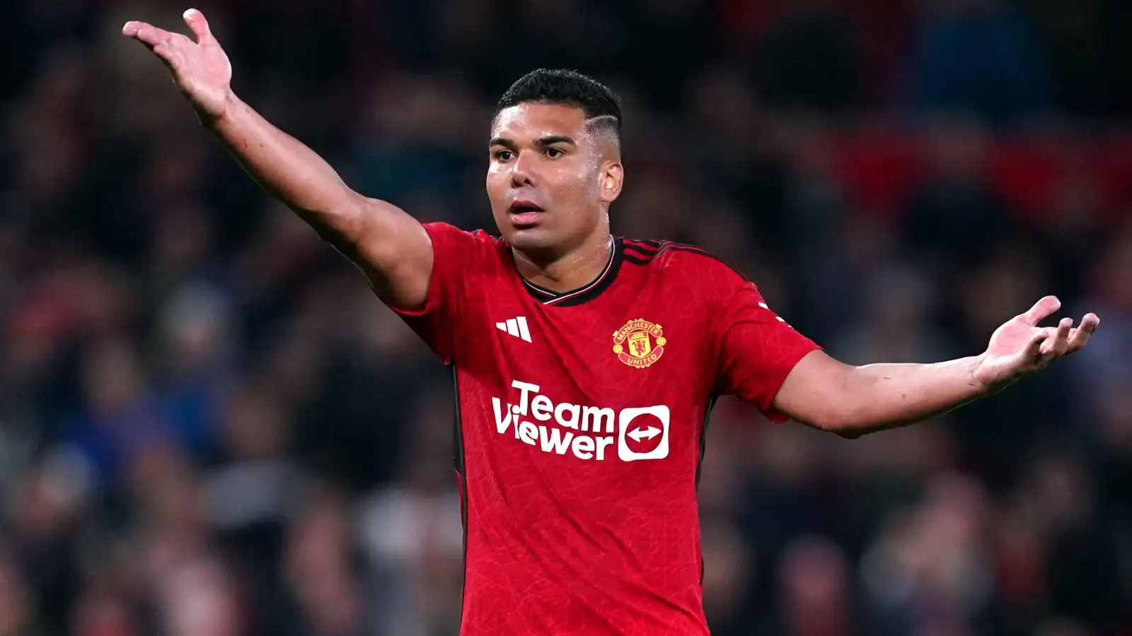 Manchester United midfielder Casemiro gestures during a match.