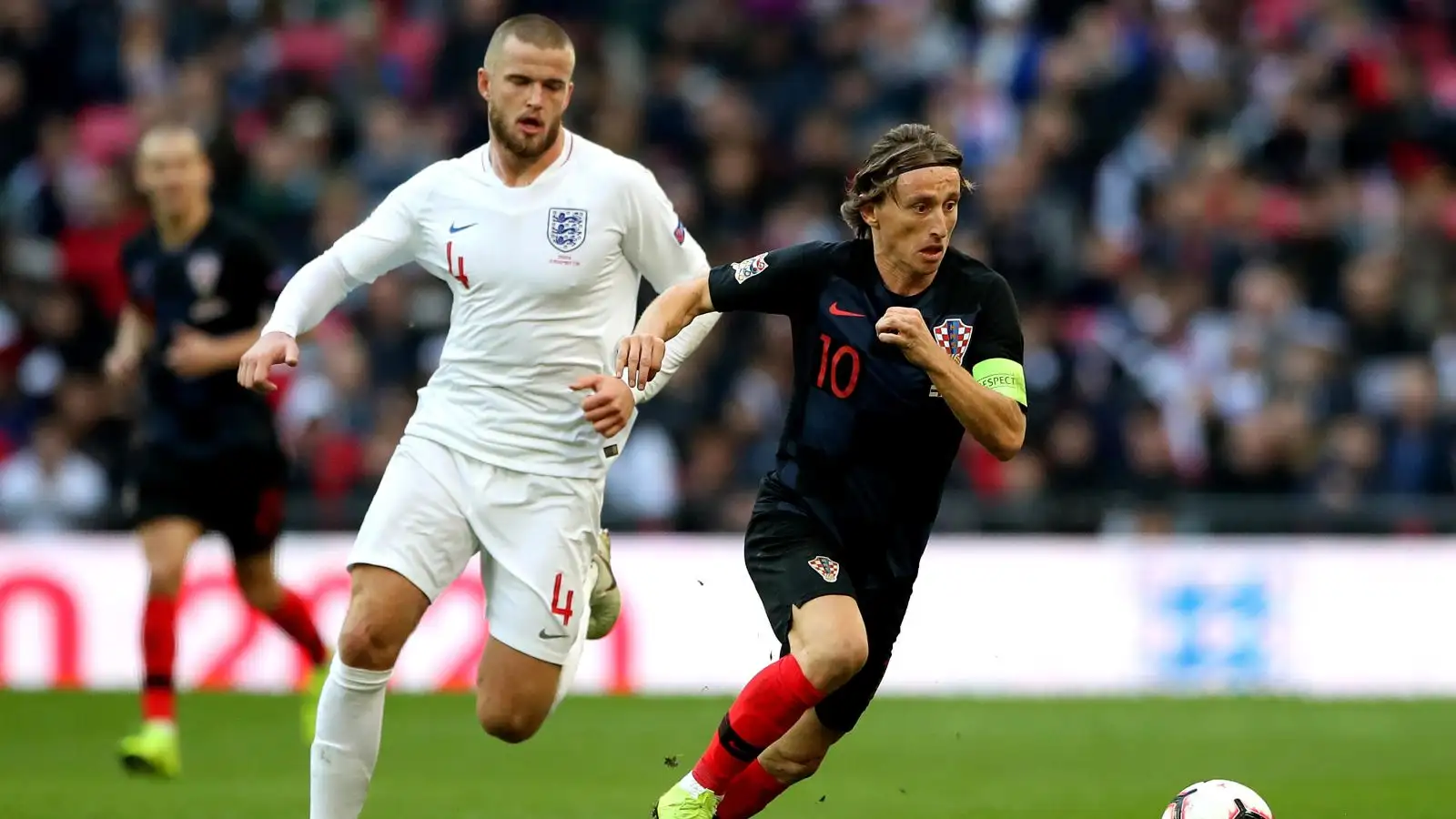 Eric Dier pursues Luka Modric in England's 2018 Nations League win over Croatia