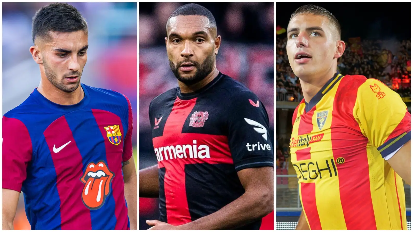 Barcelona forward Ferran Torres, Bayer Leverkusen defender Jonathan Tah, and Lecce striker Nikola Krstovic