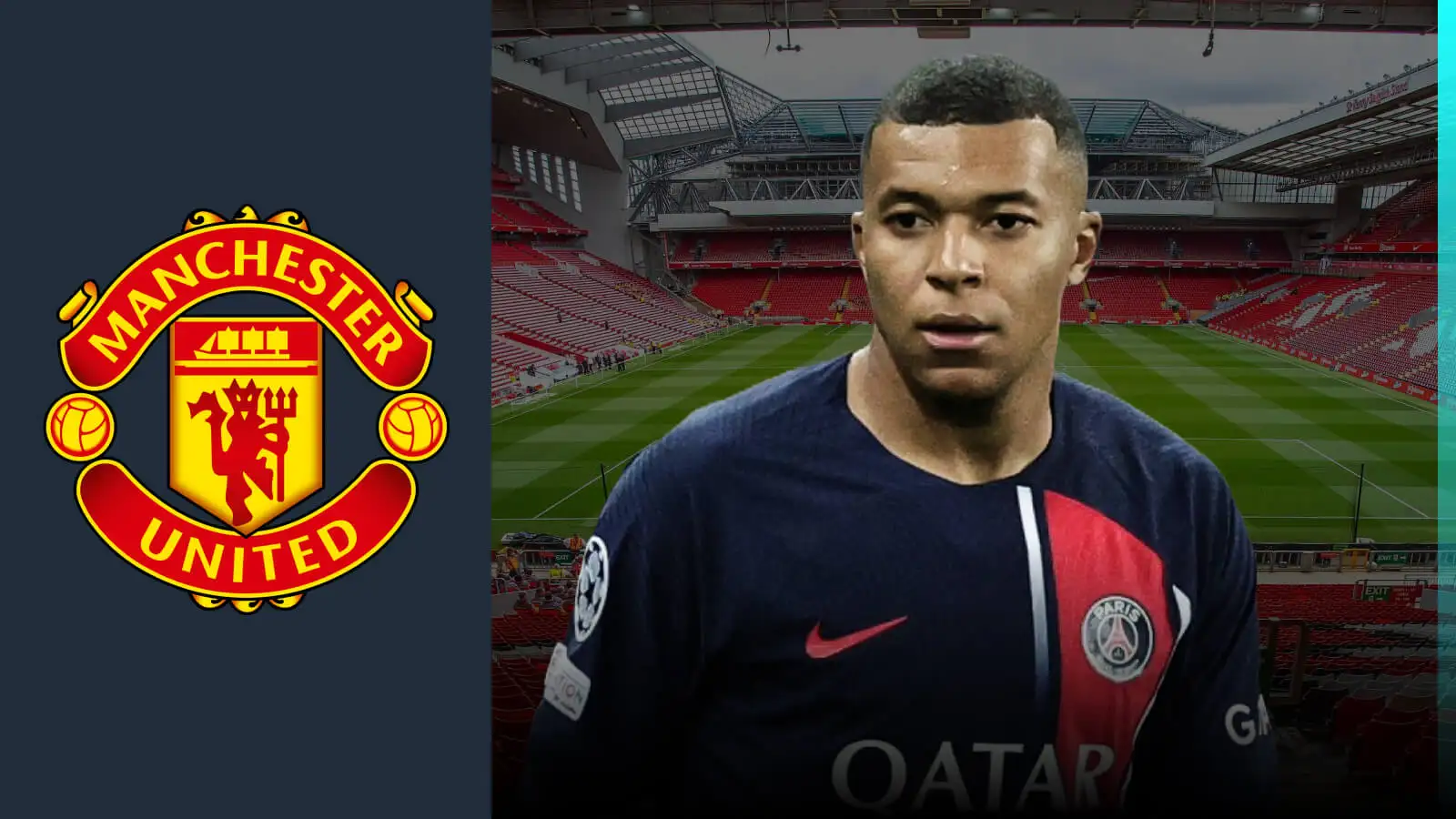 Kylian Mbappe wearing Liverpool's Anfield arena in the background as well as a Manchester United badge