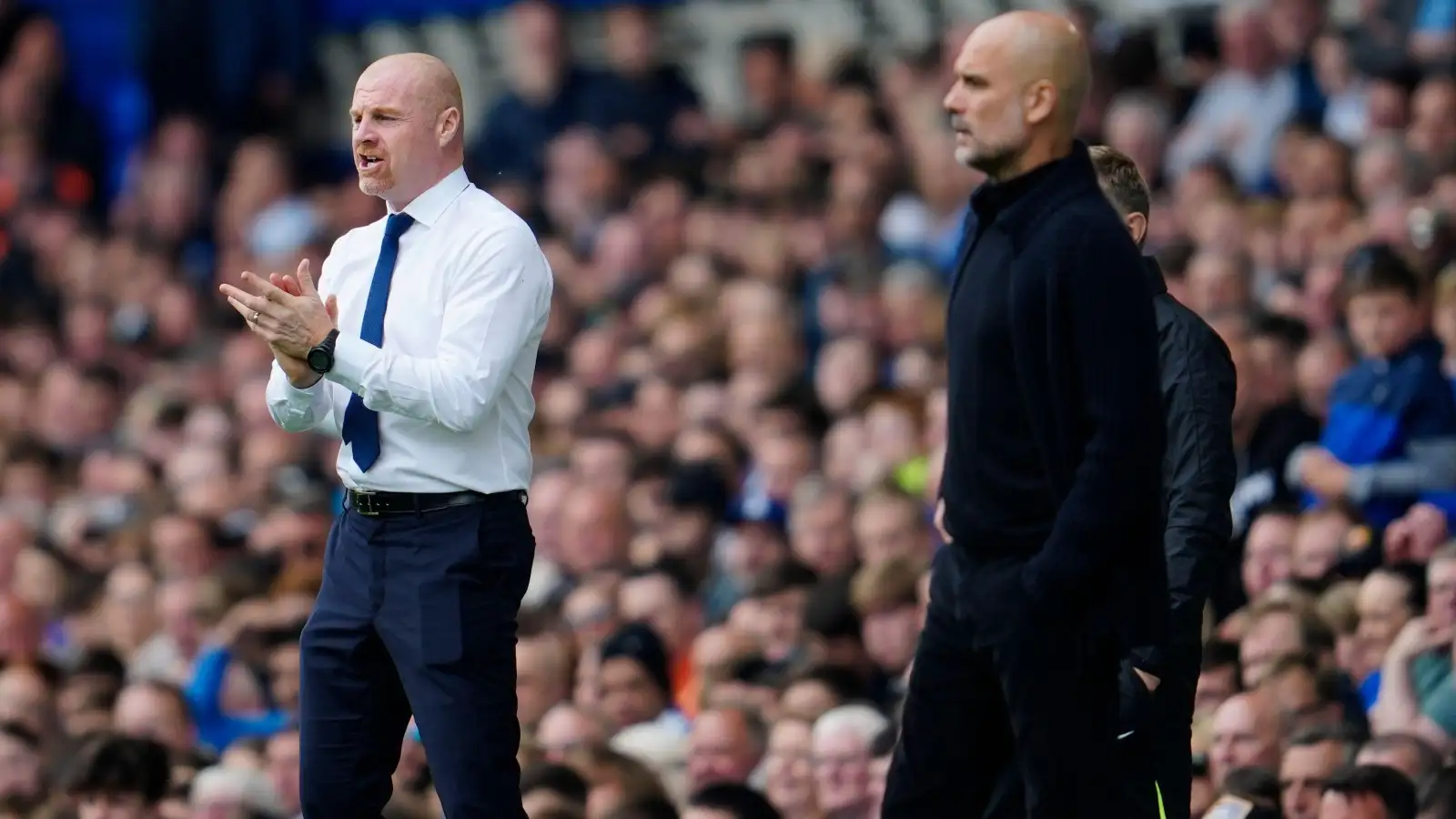 Sean Dyche and also Pep Guardiola on the touchline while Everton confront Manchester City.