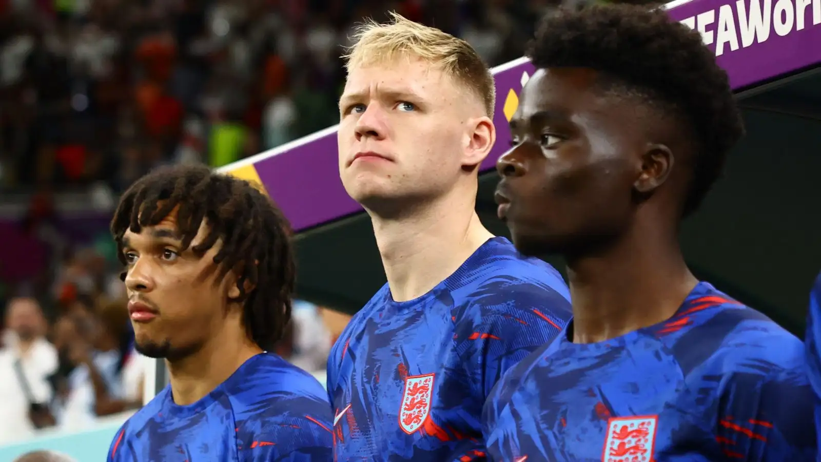 England trio Aaron Ramsdale, Trent Alexander-Arnold and Bukayo Saka line up before a match.