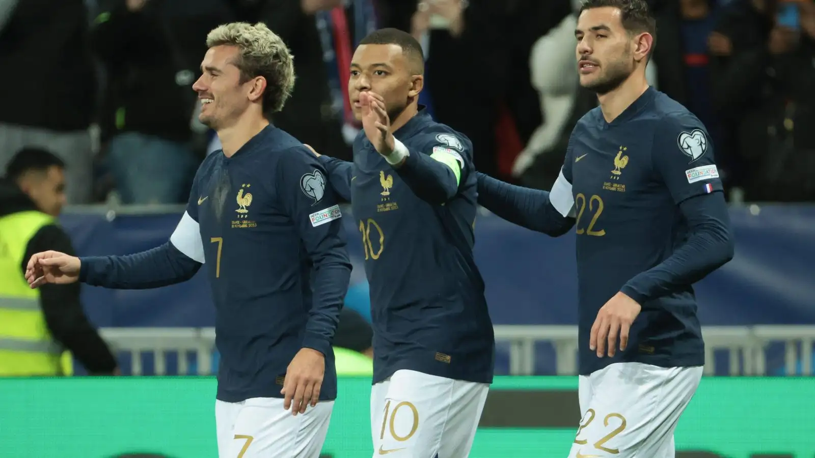 Reported Manchester United target Antoine Griezmann, Kylian Mbappe and Theo Hernandez celebrate a goal.