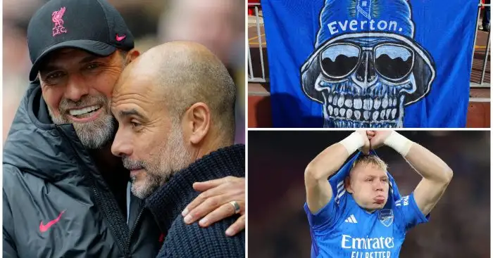 Pep Guardiola, Jurgen Klopp, Aaron Ramsdale and a banner belonging to Everton fans.