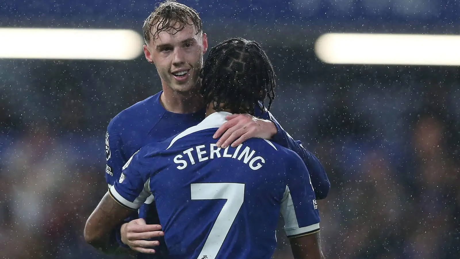 Chelsea's Cole Palmer celebrates his goal with Raheem Sterling.