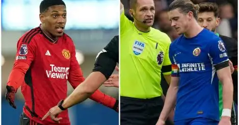 Anthony Martial shrugs his shoulders while Conor Gallagher receives a yellow card.