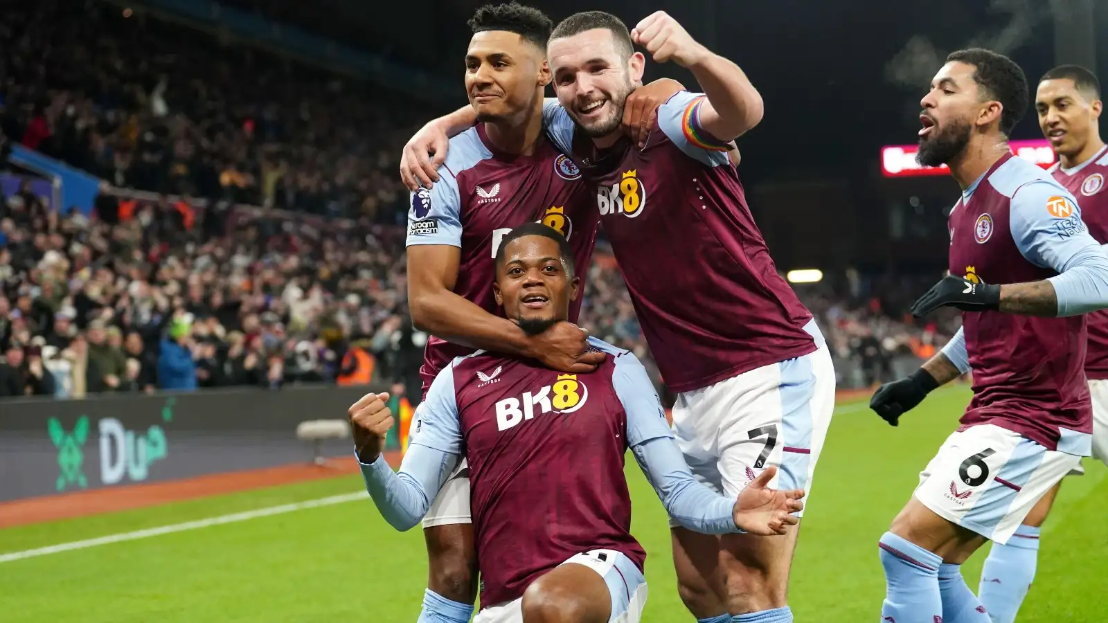 Leon Bailey celebrates his goal for Aston Villa against Man City.