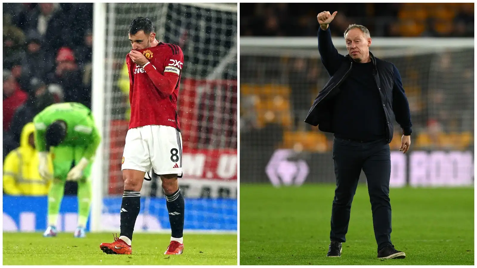 Bruno Fernandes looks dejected while Steve Cooper acknowledges Forest's supporters.