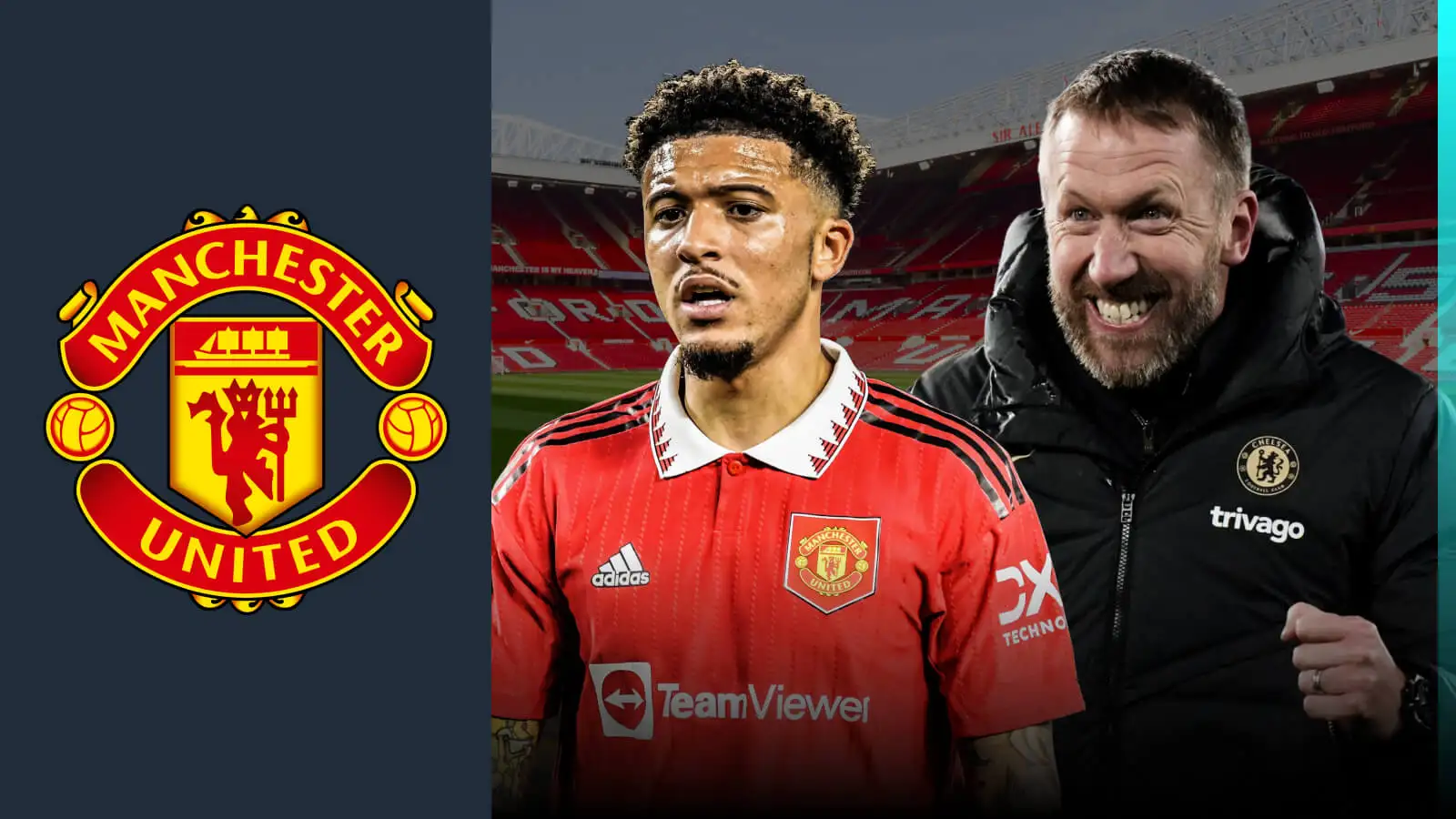 Jadon Sancho and Graham Potter using the Manchester United badge.