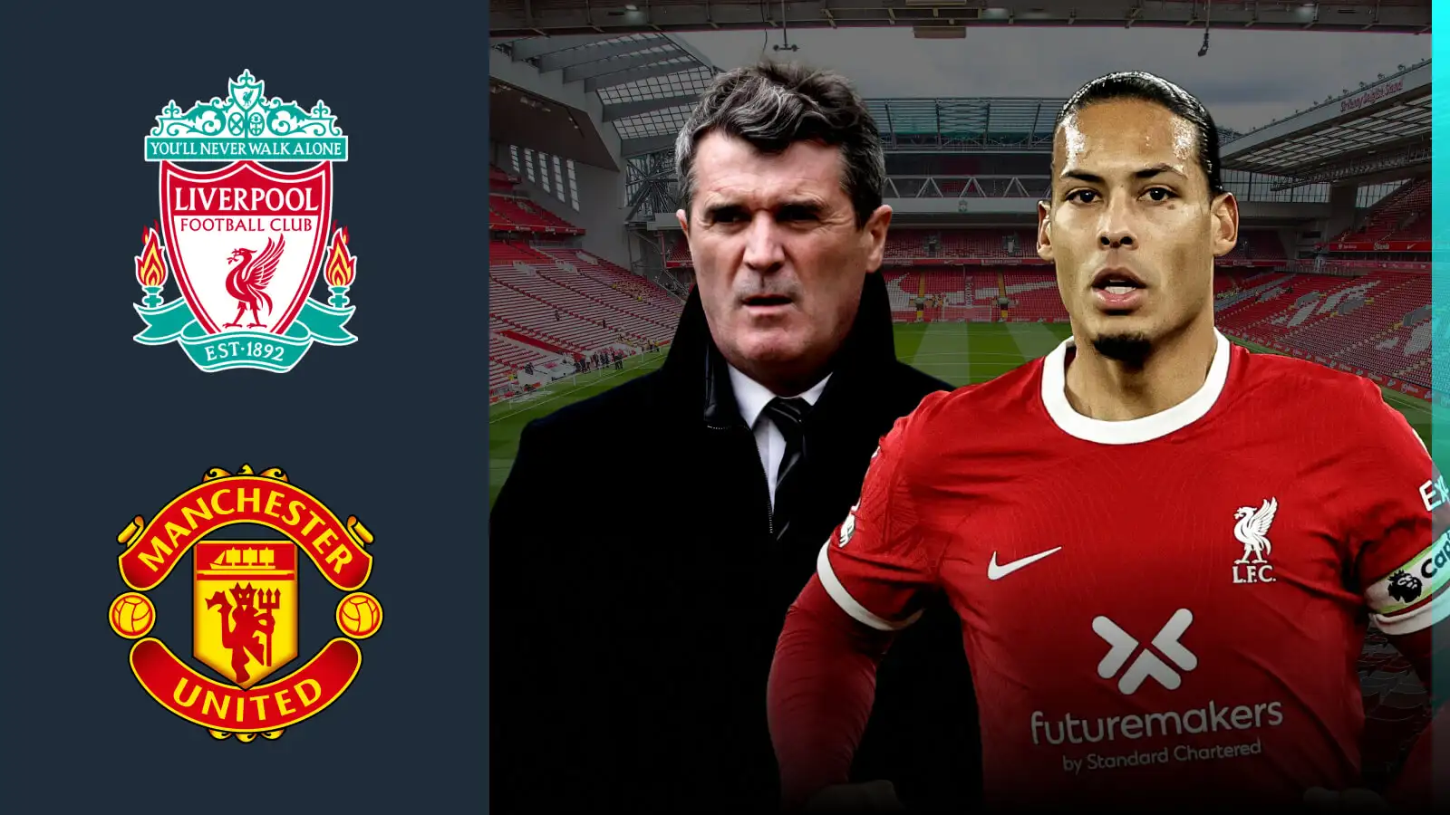 Virgil van Dijk and Roy Keane with Liverpool and Manchester United badges