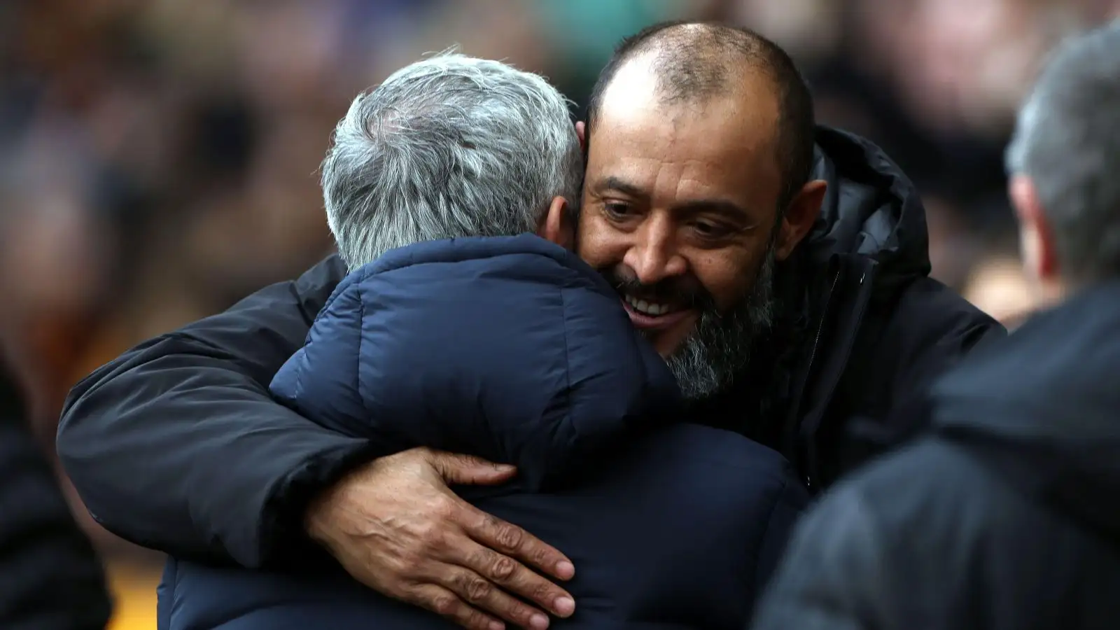 Nottingham Forest-attached company Nuno Espirito Santo hugs Jose Mourinho in days gone by a match.