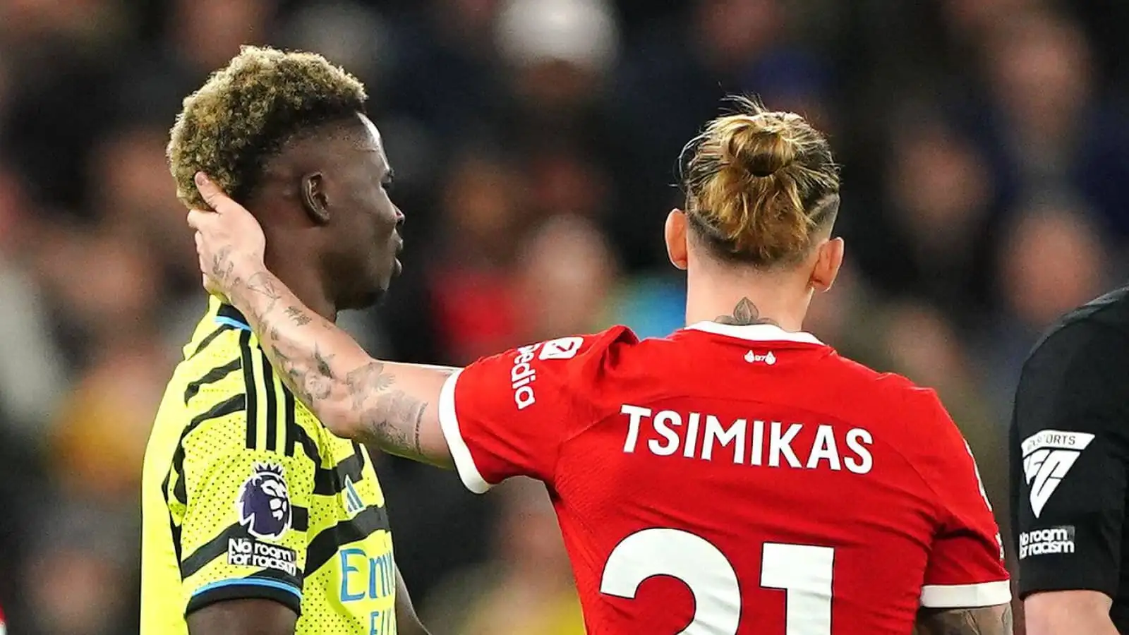 Saka apologises after Tsimikas broken collar bone reveal - 'I didn't mean it of course' 4 c?url=https%3A%2F%2Fd2x51gyc4ptf2q.cloudfront.net%2Fcontent%2Fuploads%2F2023%2F12%2F24144342%2Fbukayo saka kostas tsimikas arsenal liverpool december 2023 1 1