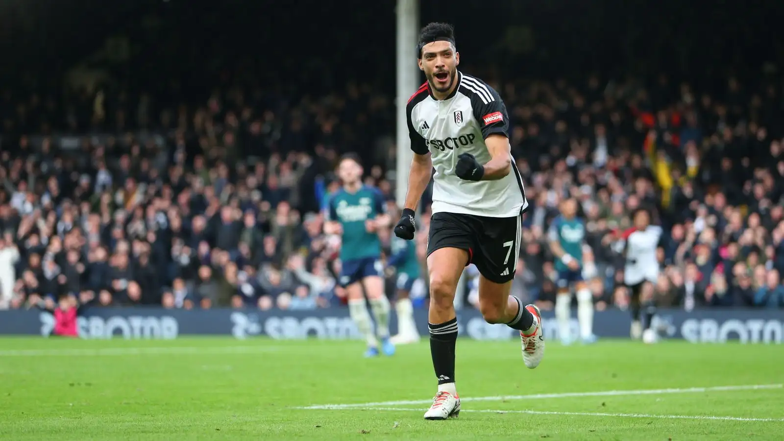 Raul Jimenez celebrates Fulham's equaliser in a 2-1 Premier League win against Arsenal