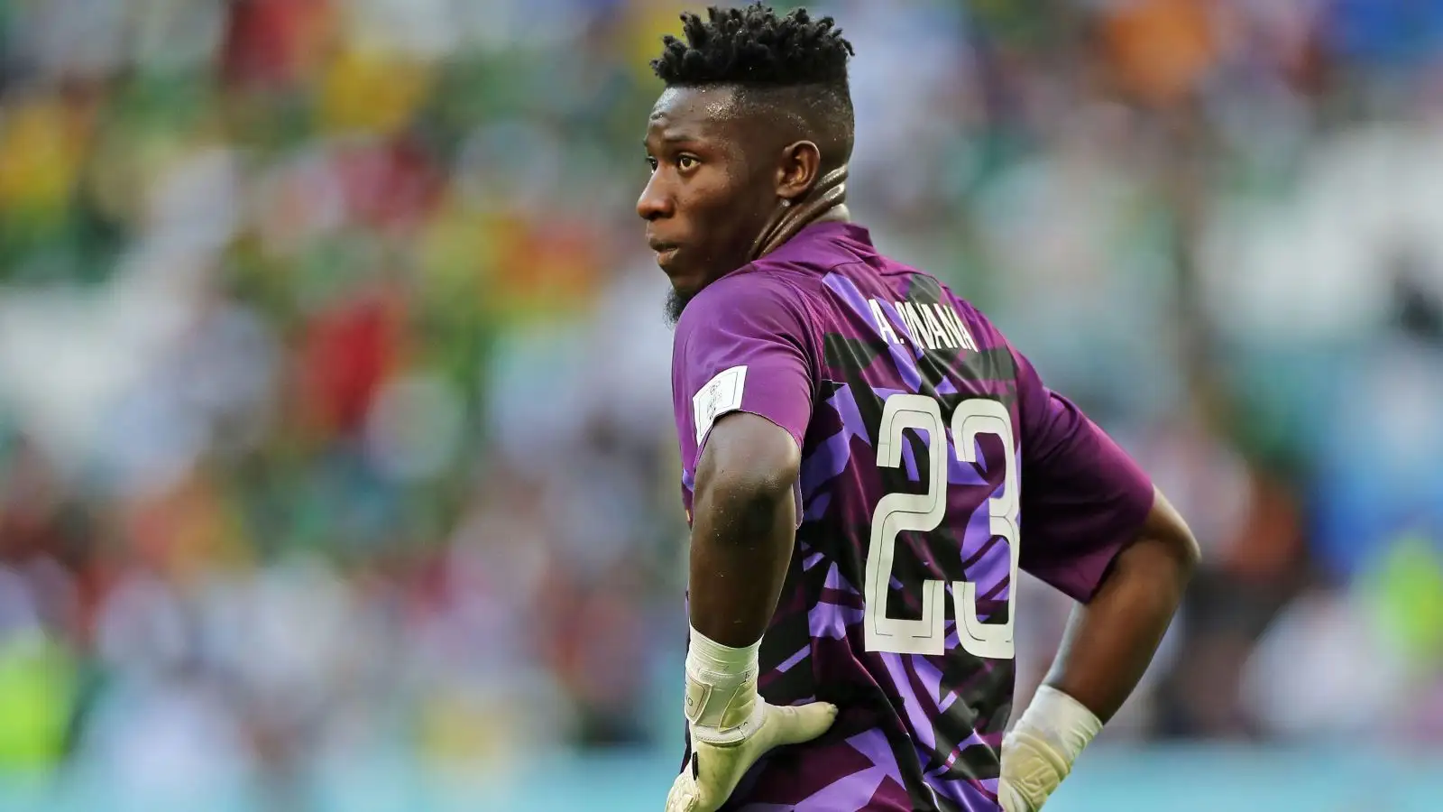Male Utd goalkeeper Andre Onana during a Planet Cup match for Cameroon.