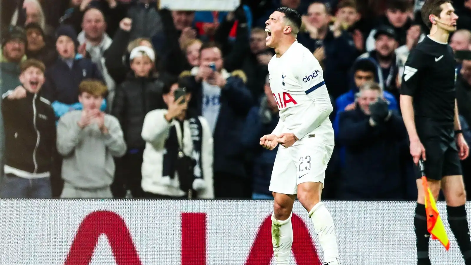 Spurs full-back Pedro Porro celebrates scoring an absolute peach.
