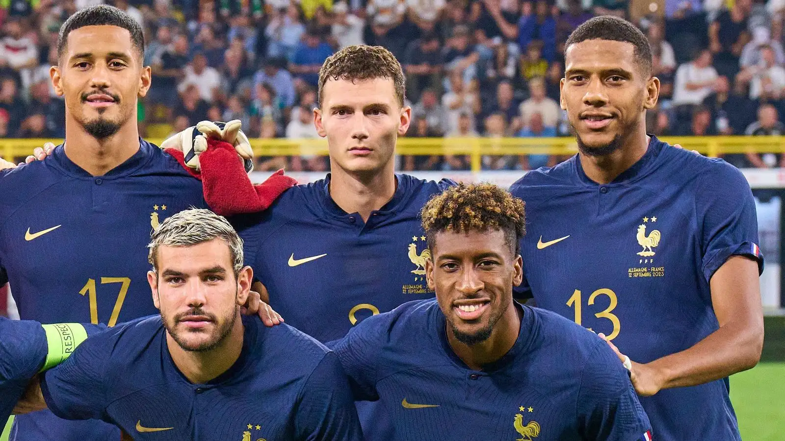 Reported Person Utd target Jean-Clair Todibo queues upward with his France teammates before a match.