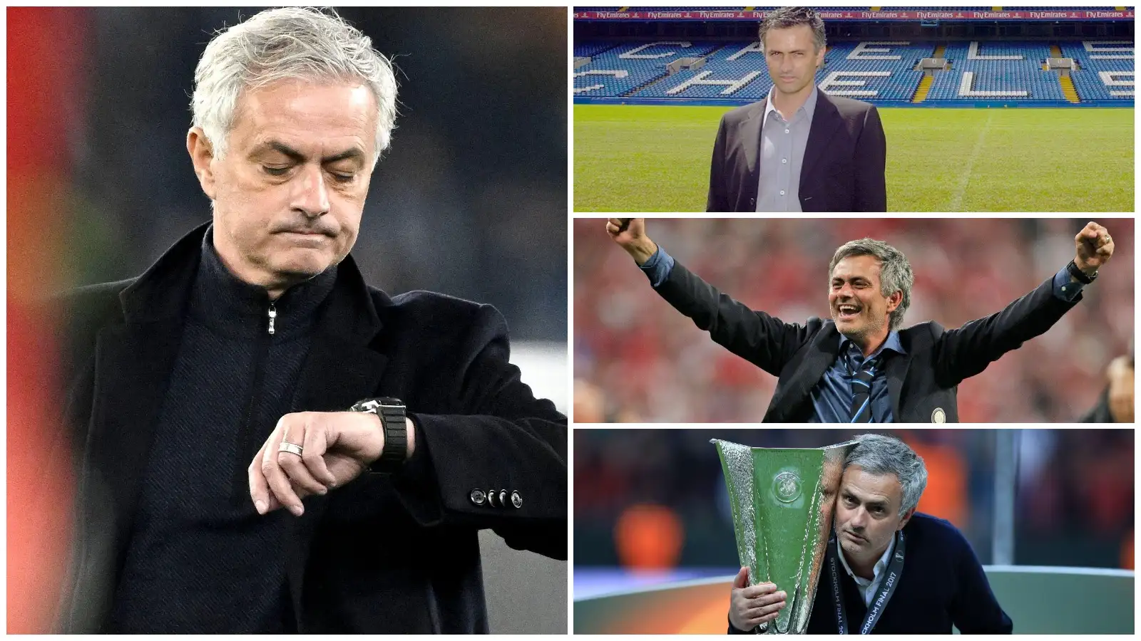 Jose Mourinho during his reigns at Roma, Chelsea, Man Utd and Inter Milan.