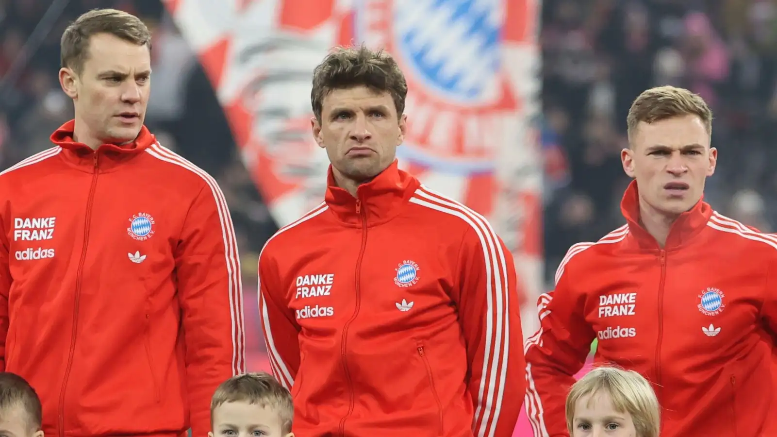 Manuel Neuer, Thomas Muller and Joshua Kimmich line up before a Bayern Munich game.