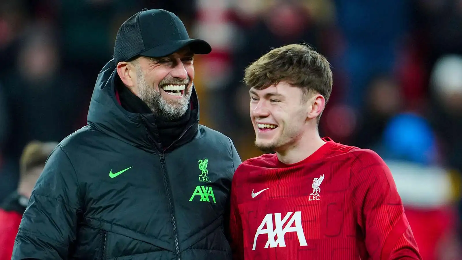Liverpool's manager Jurgen Klopp, disowned, talks with Liverpool's Conor Bradley