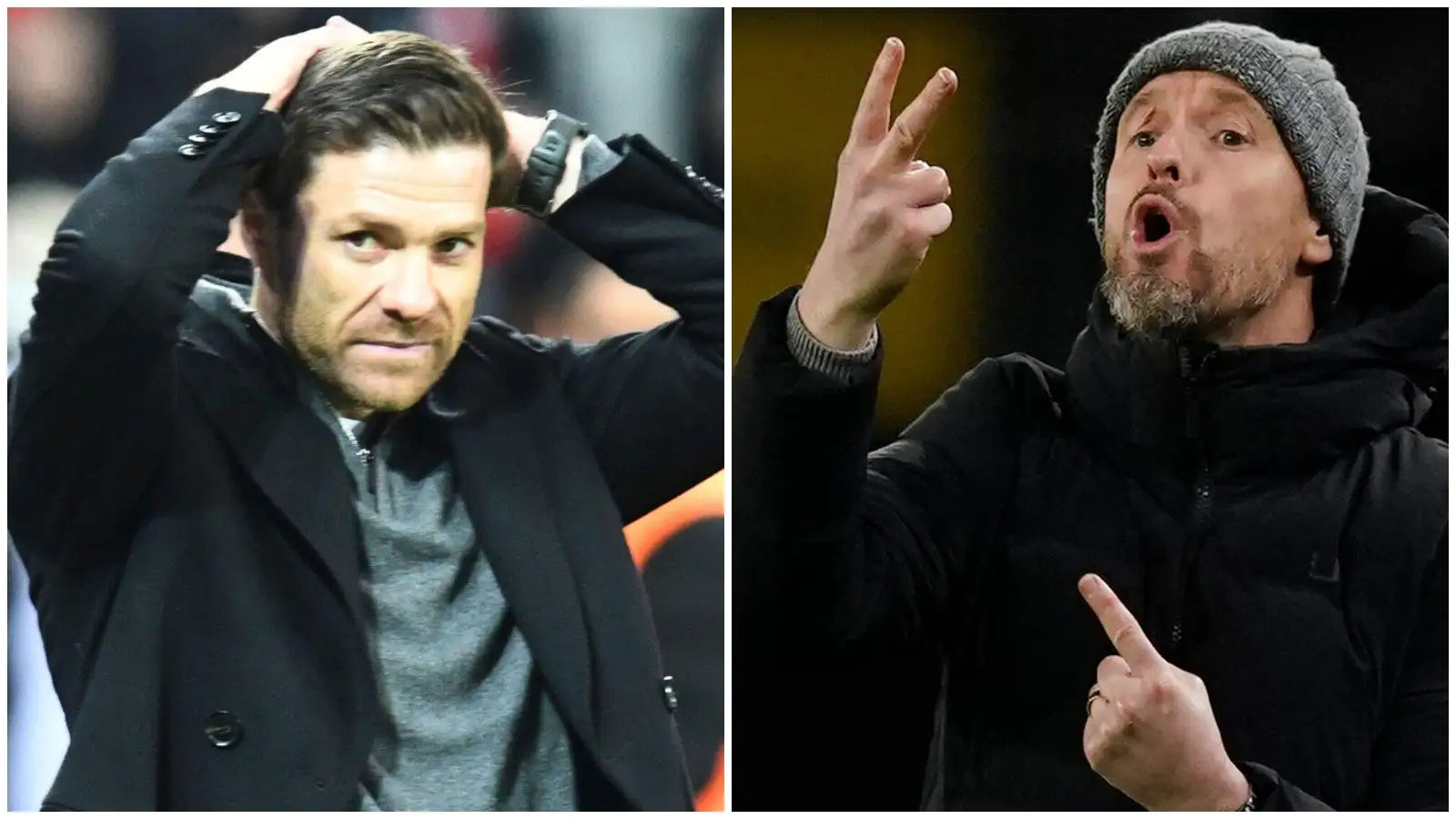 Bayer Leverkusen adviser Xabi Alonso and Guy Utd company Erik ten Hag.