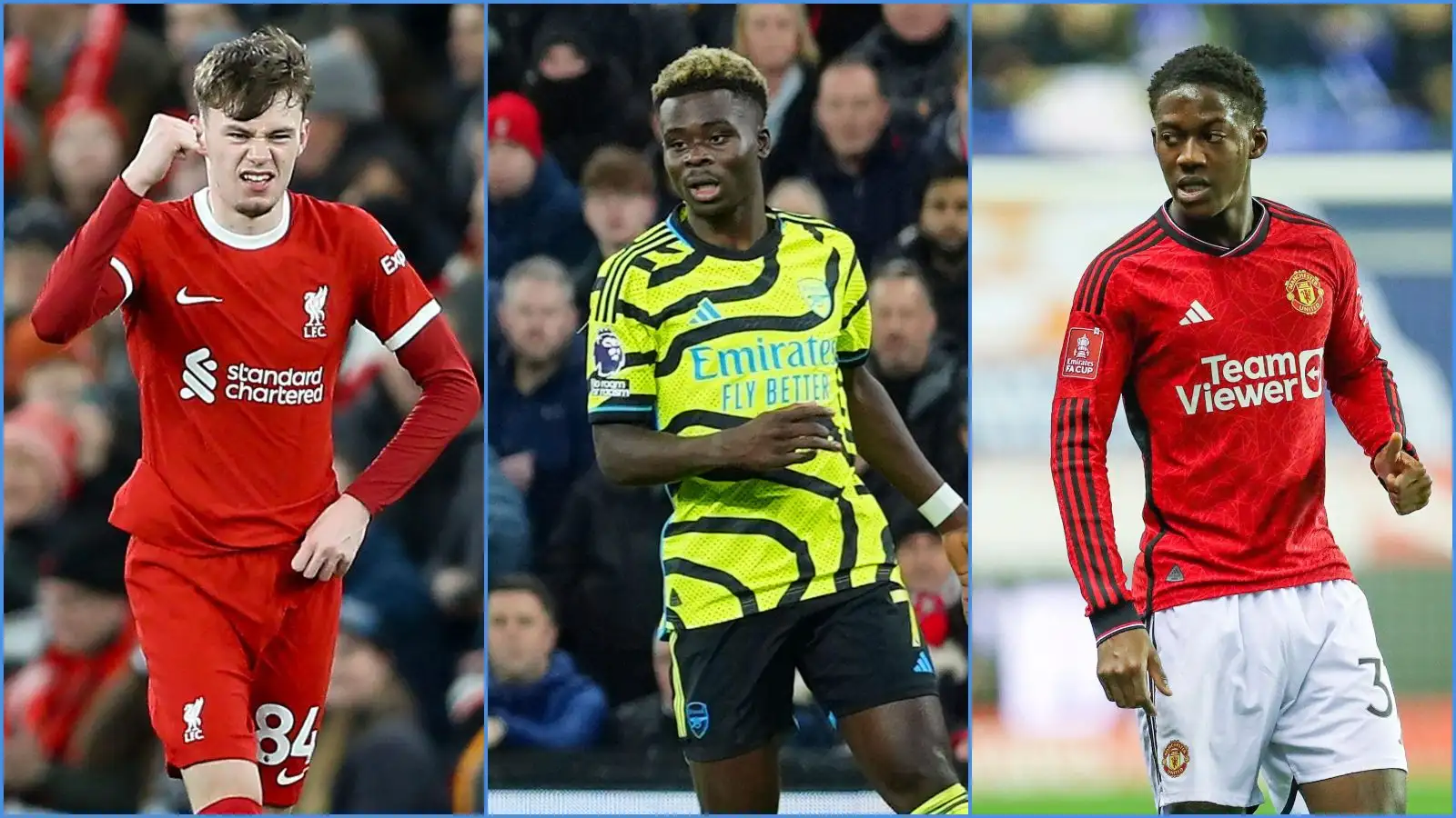 Liverpool protector Conor Bradley, Tool kit onward Bukayo Saka and Male Utd midfielder Kobbie Mainoo