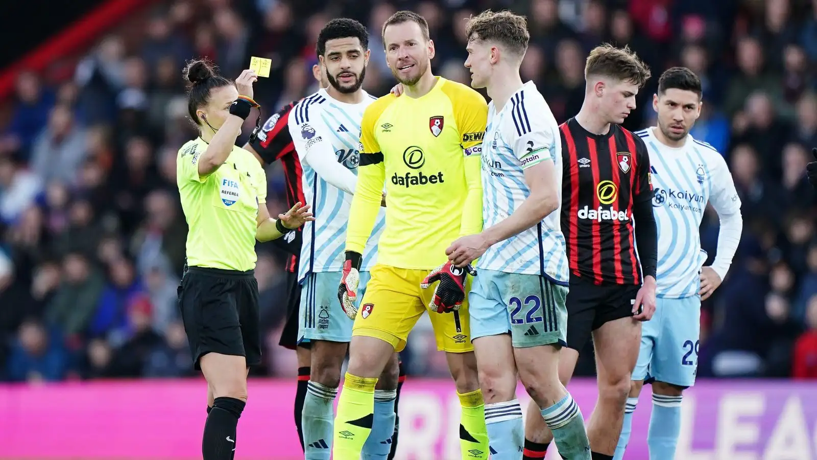 Bournemouth goalkeeper Neto receives a yellow card for dissent.