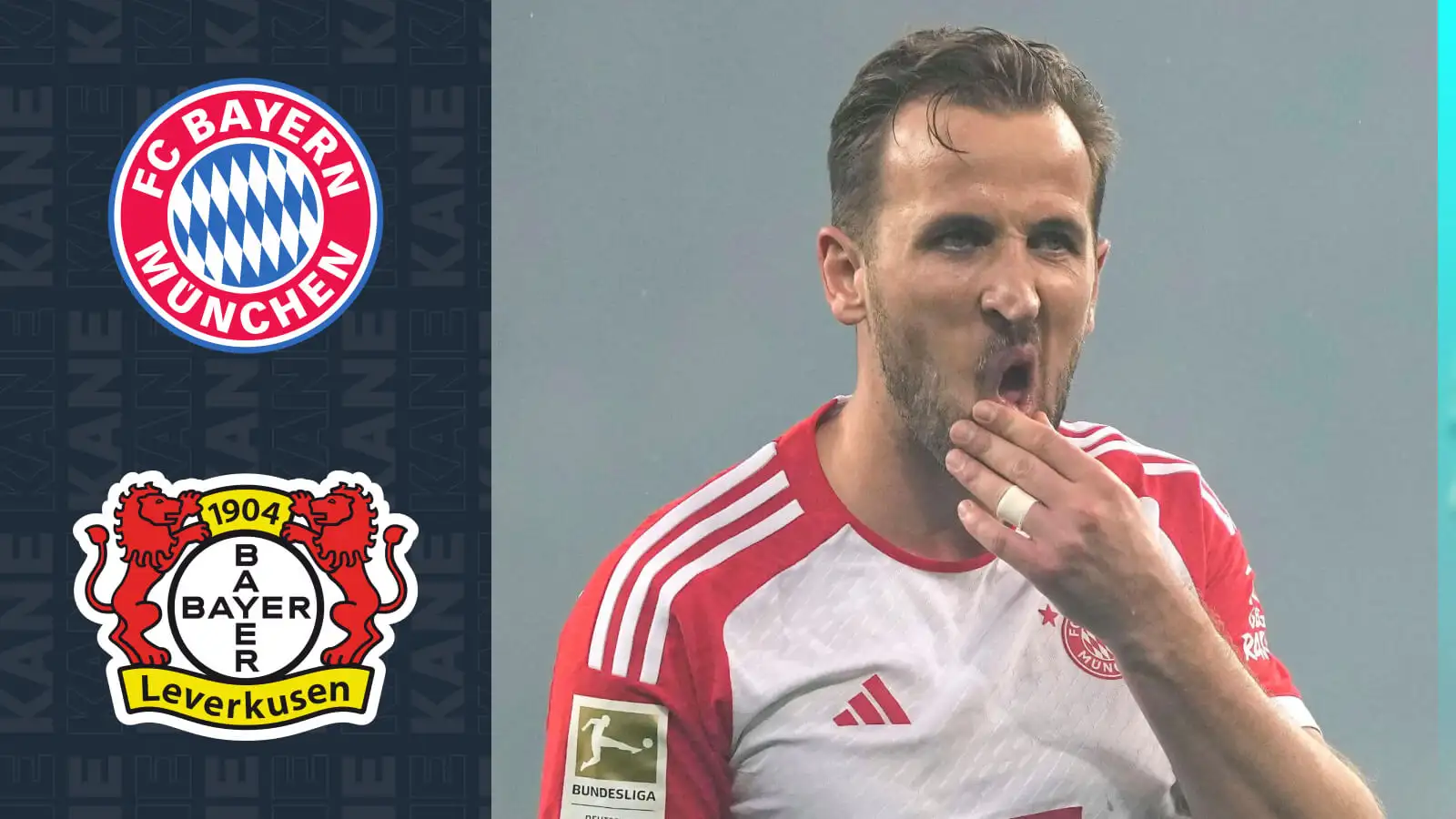 Harry Kane aesthetic layouts despondent through substantial Bayern Munich and also Bayer Leverkusen badges alongside him.