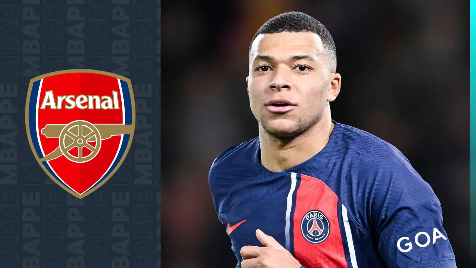 The Arsenal crest close to Kylian Mbappe.