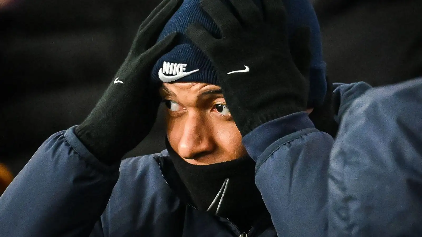 Arsenal and Liverpool-linked PSG forward Kylian Mbappe covers upwards sunny on the pew.