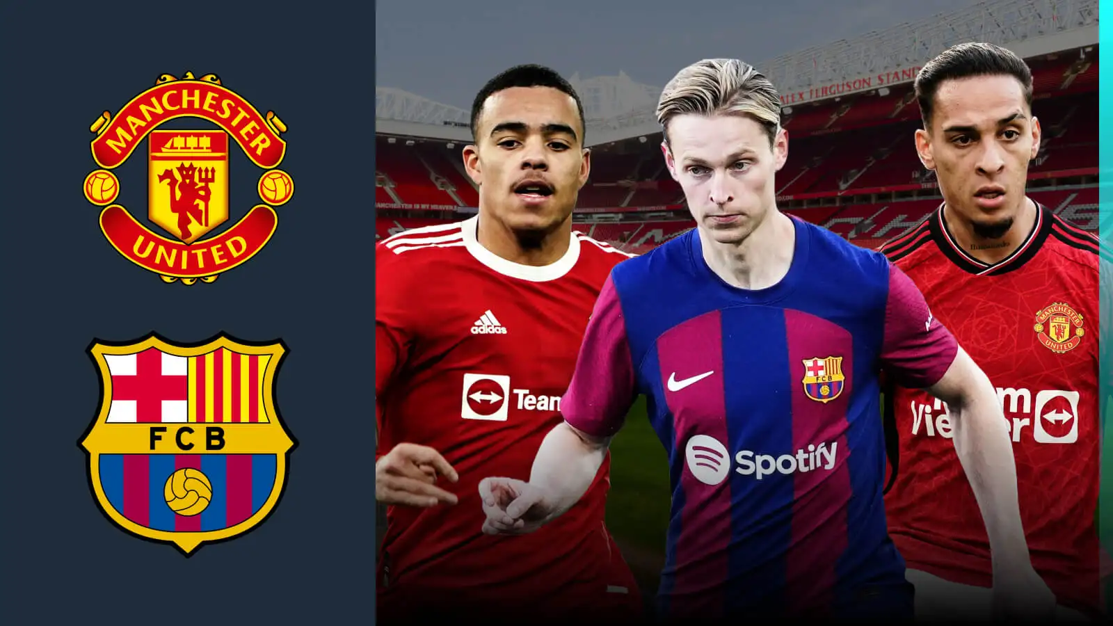 Male Utd duo Mason Greenwood and also Antony with Frenkie de Jong