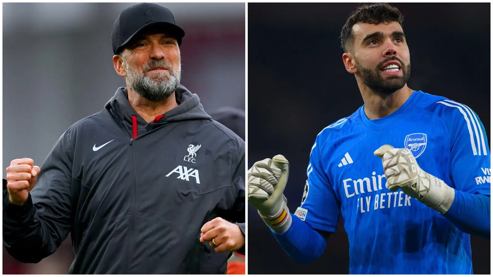 Liverpool supervisor Jurgen Klopp and also Arsenal goalkeeper David Raya.